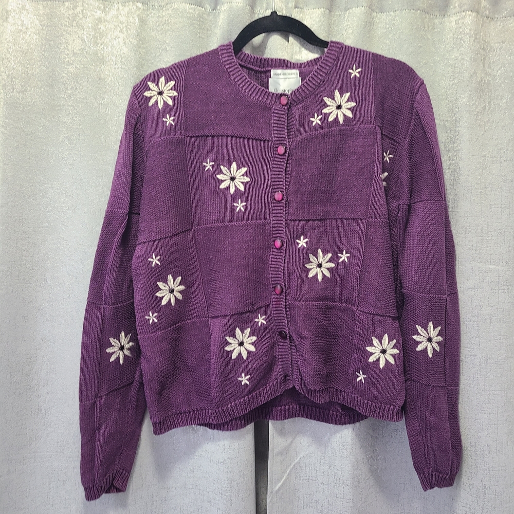 Christopher & Banks Purple Caridgan Sweater Beaded‎ White Floral Accents